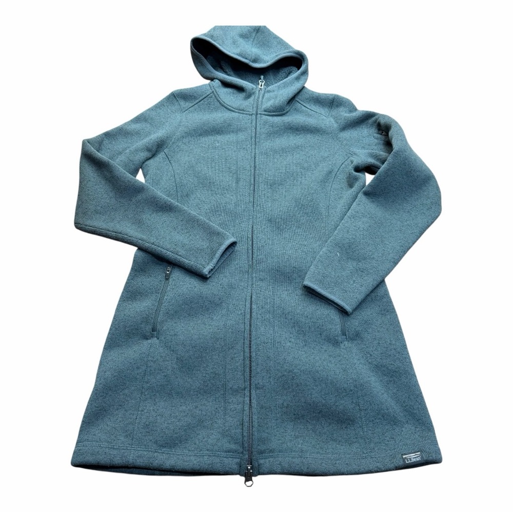 LL Bean Women's size S reg Sweater Fleece Coat Teal Hooded Zip-Up Coat - Picture 1 of 7